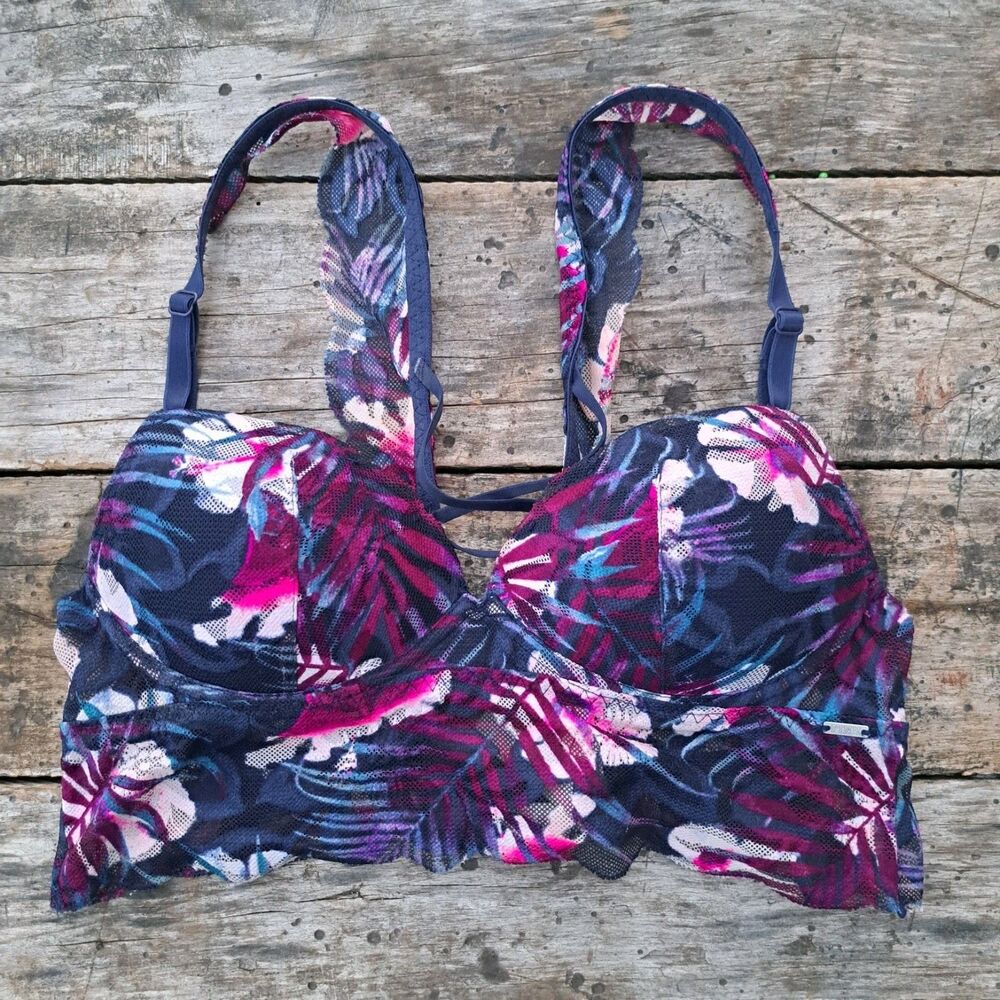 PINK Victoria’s Secret XS Push Up Bra Blue Pink Lace Long Line Floral Bralette